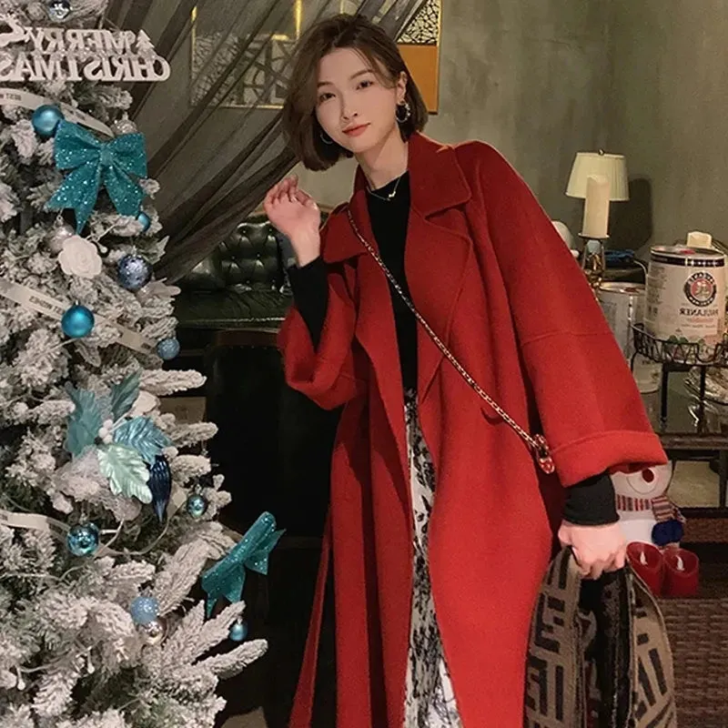 Fashion 100% Wool Coat – Black Oversized Lapel Coat with Belt for Women