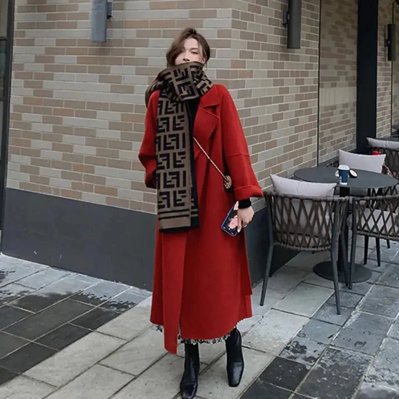 Fashion 100% Wool Coat – Black Oversized Lapel Coat with Belt for Women