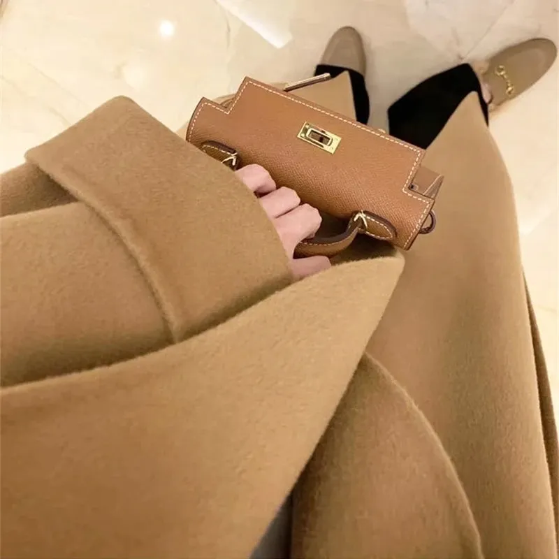 Fashion 100% Wool Coat – Black Oversized Lapel Coat with Belt for Women