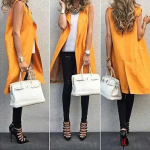 Fashion Long Vest Jacket For WomenTurn Down Collar Sleeveless Orange Trench Coat Ladies Waistcoat Outwear