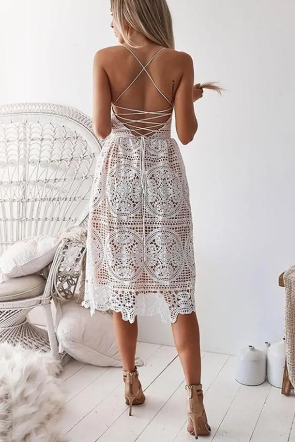 Fashion V-Neck Solid Color Lace Mini Dress