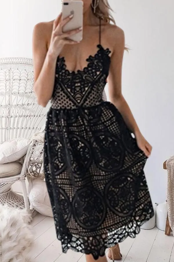 Fashion V-Neck Solid Color Lace Mini Dress