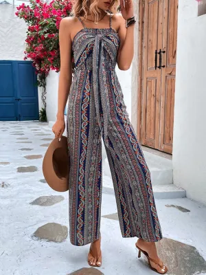 Fashion Women Wrap Python Suspender Wide Leg Jumpsuit