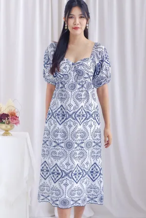 Felesha Embro Puffy Sleeve Knot Midi Dress In Navy Blue