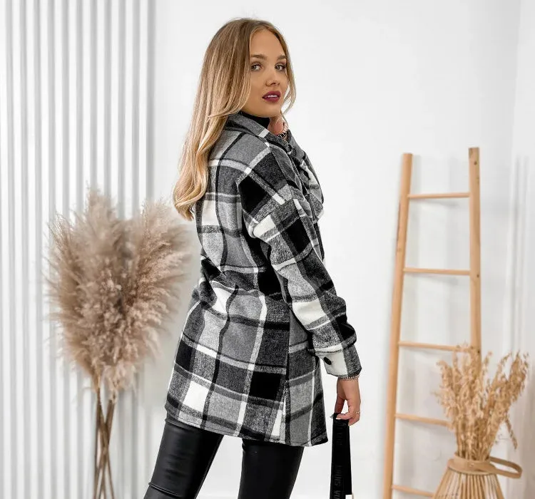 For Women Fashion Winter Long Sleeve Woolen Coats Casual Jackets Female Plaid Print Shirt Woolen Jacket Tops Outerwear New