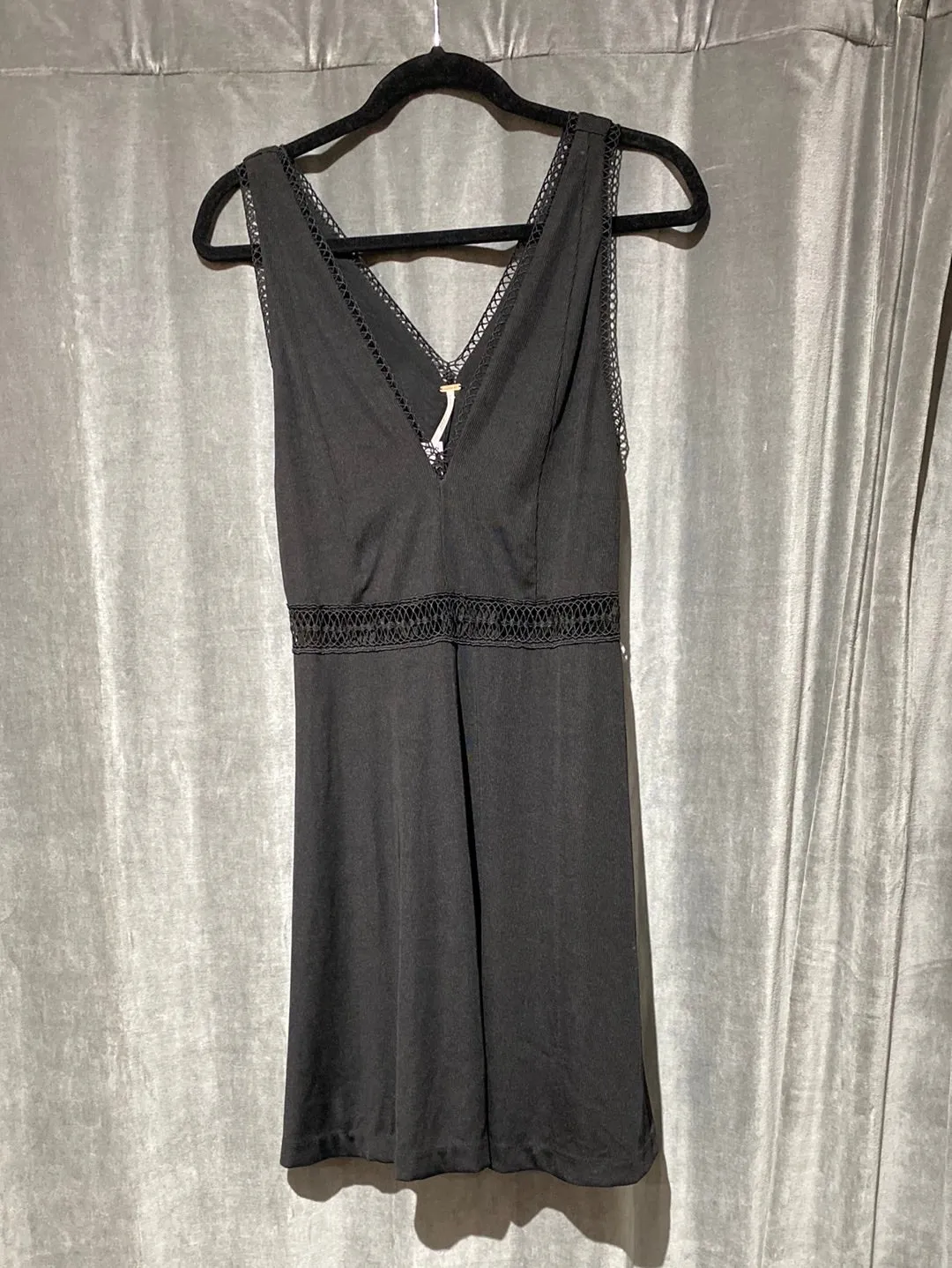 Free People Black Sleeveless V Neck Cotton Ribbed Flare Bottom Mini Dress