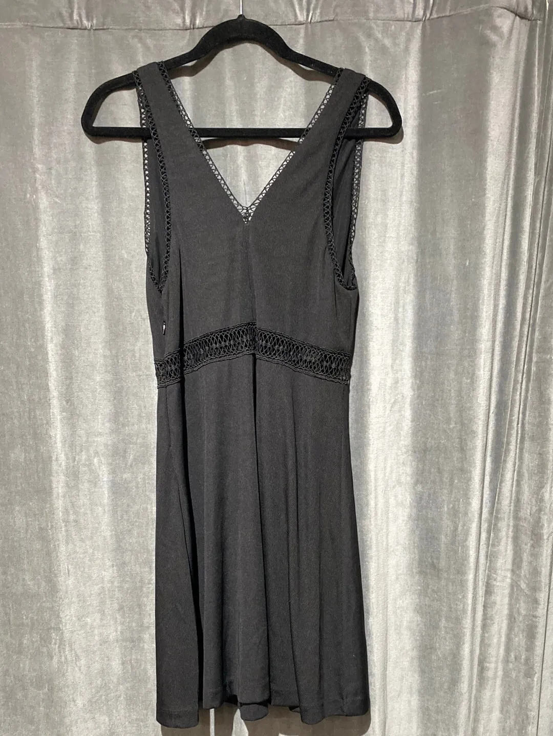 Free People Black Sleeveless V Neck Cotton Ribbed Flare Bottom Mini Dress