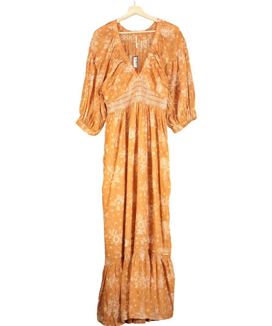 Free People Orange Sable Maxi Golden Hour Long Sleeve Deep V-neck Dress UK M