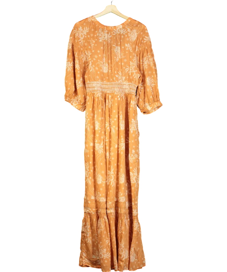 Free People Orange Sable Maxi Golden Hour Long Sleeve Deep V-neck Dress UK M