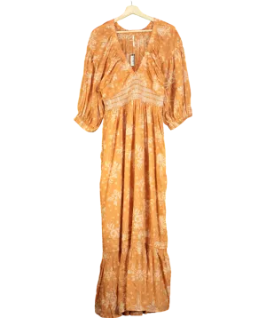 Free People Orange Sable Maxi Golden Hour Long Sleeve Deep V-neck Dress UK M