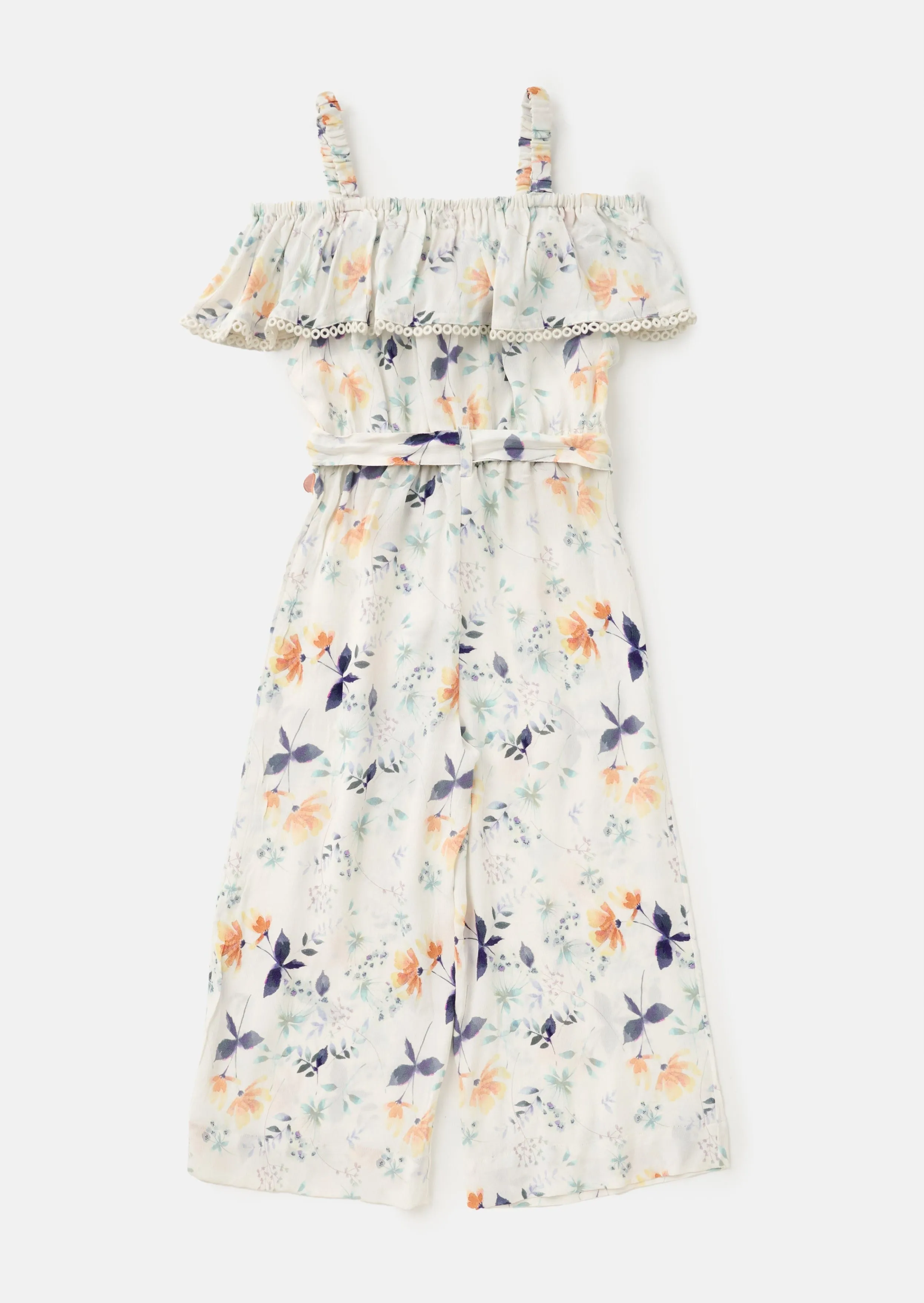 Girls Floral Printed Blue One Shoulder Jumpsuit