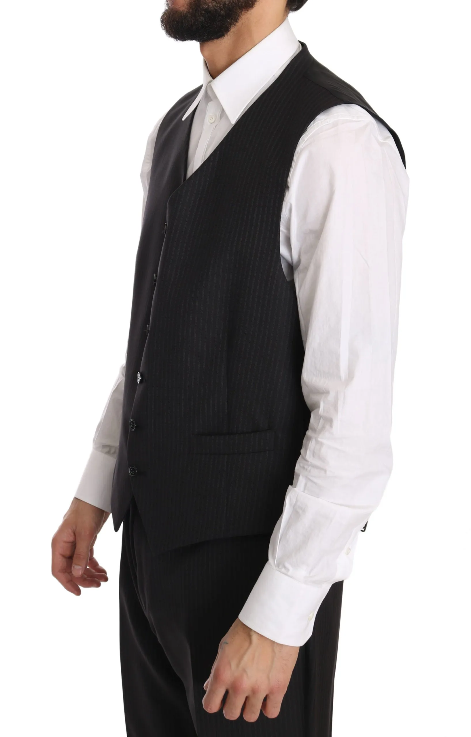 Gray Three Piece 3 Button Wool Striped Suit