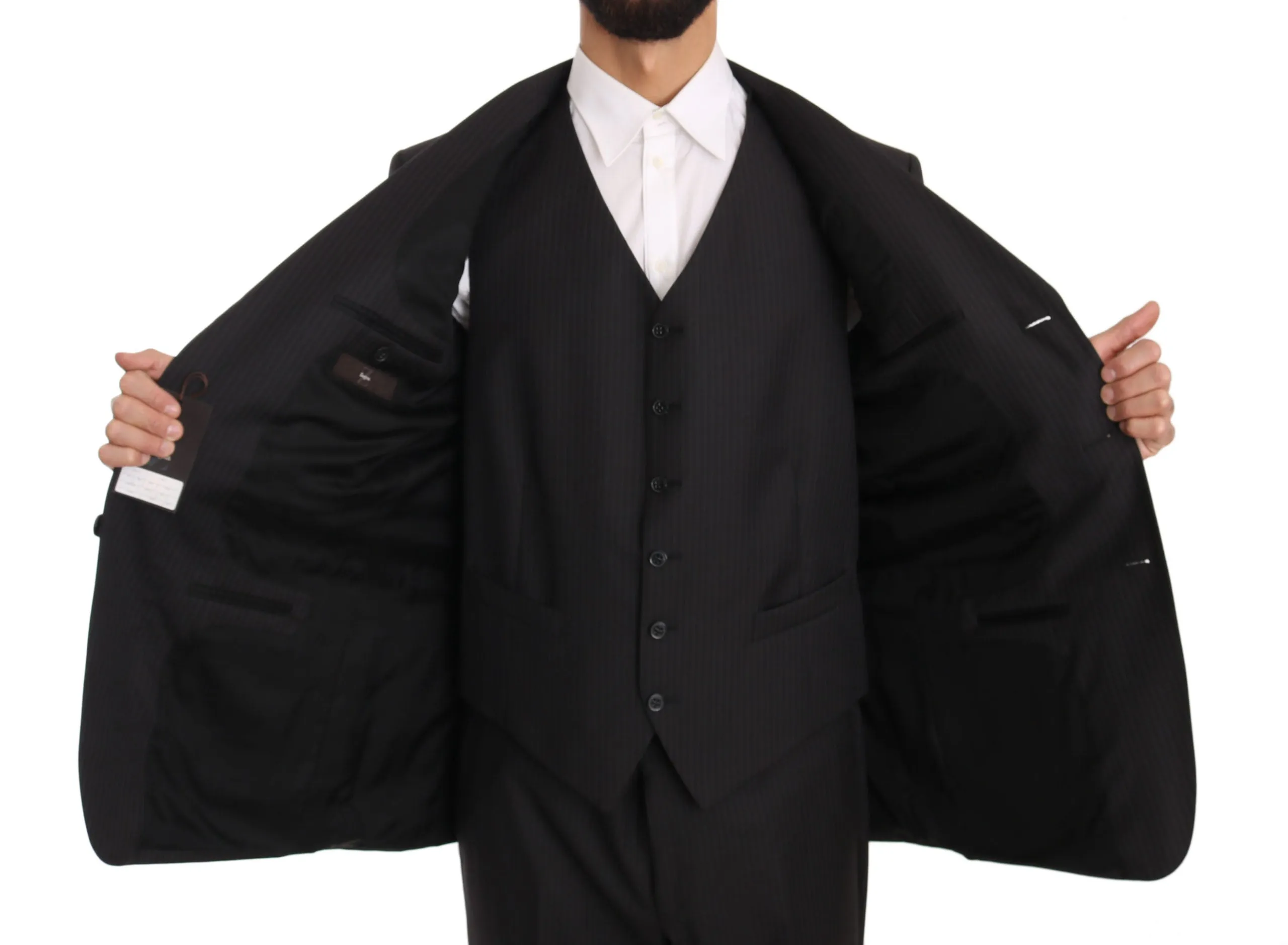 Gray Three Piece 3 Button Wool Striped Suit