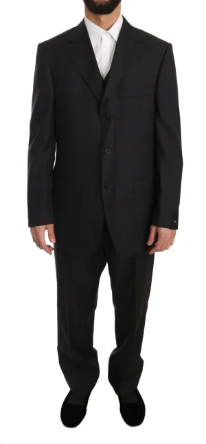 Gray Three Piece 3 Button Wool Striped Suit