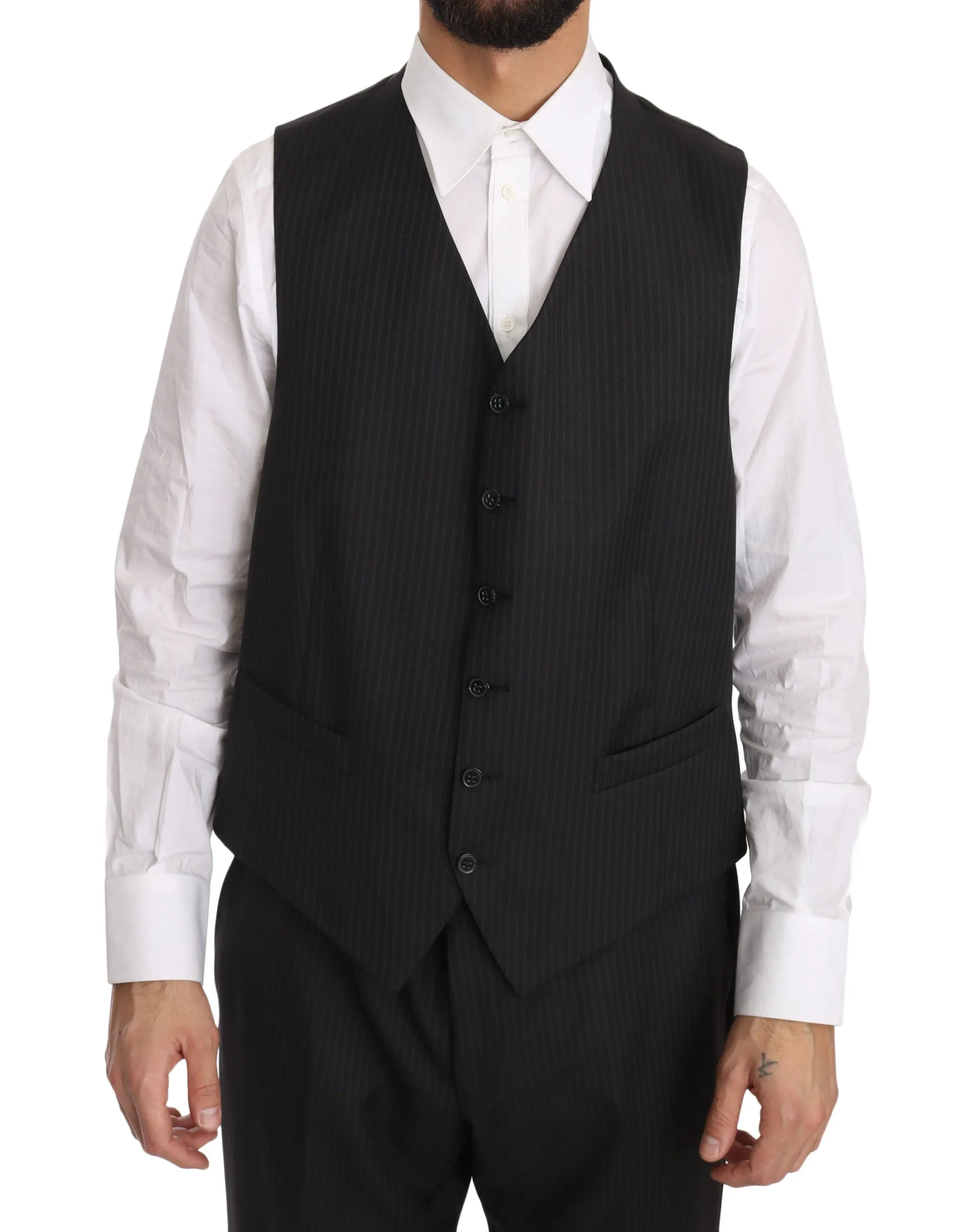 Gray Three Piece 3 Button Wool Striped Suit