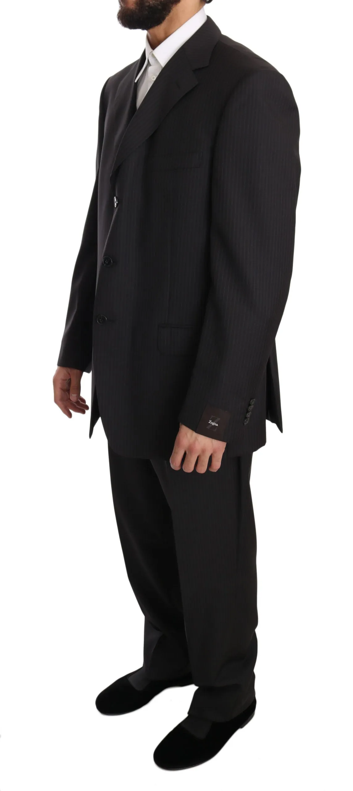 Gray Three Piece 3 Button Wool Striped Suit