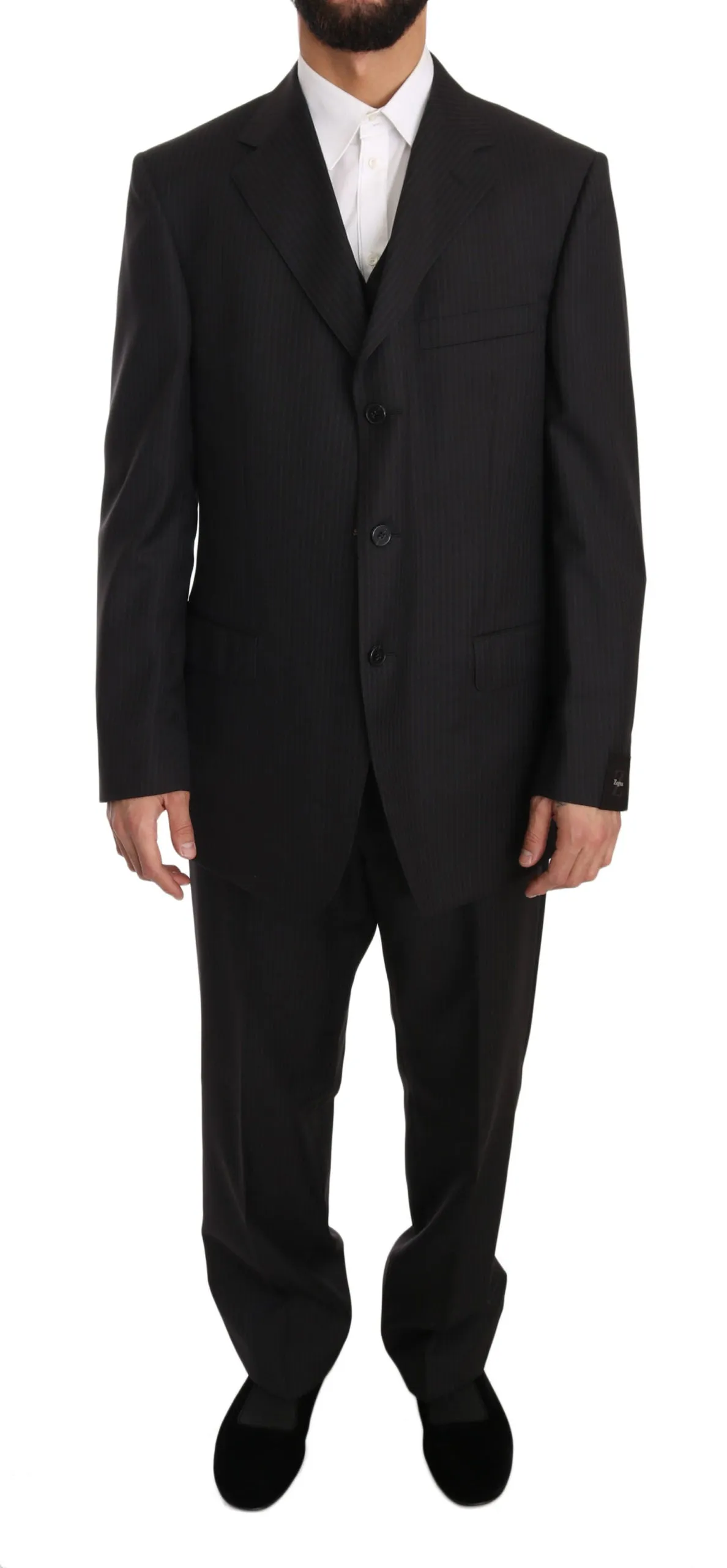 Gray Three Piece 3 Button Wool Striped Suit