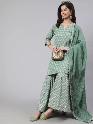 Green Woven Straight Printed Embroidered Kurta Set With Solid Dupatta