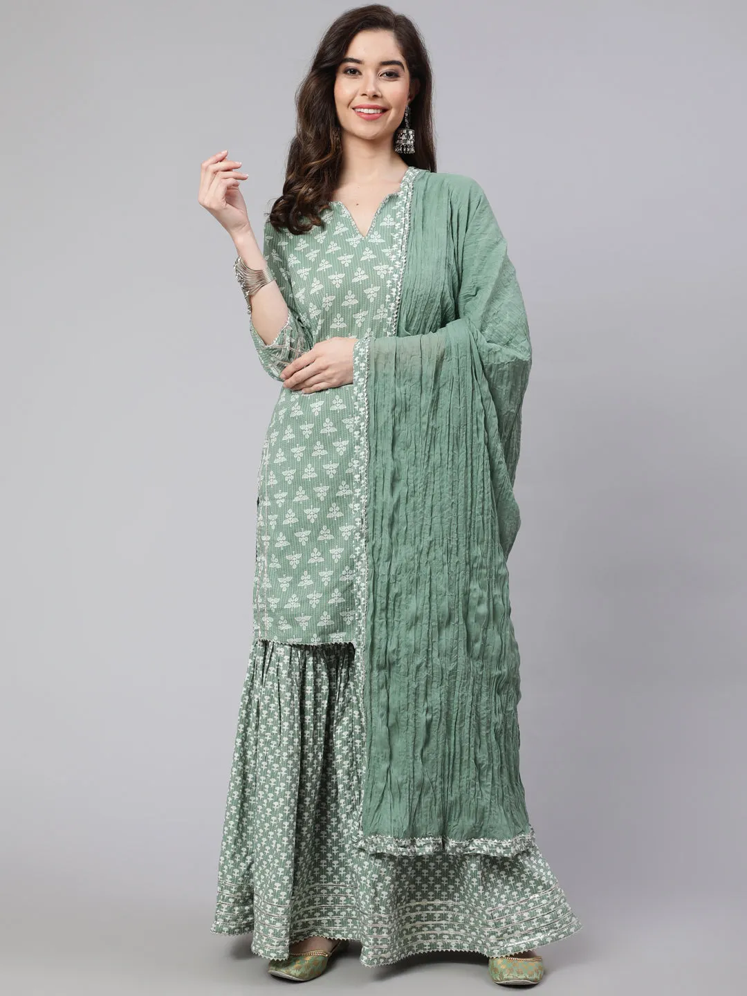 Green Woven Straight Printed Embroidered Kurta Set With Solid Dupatta