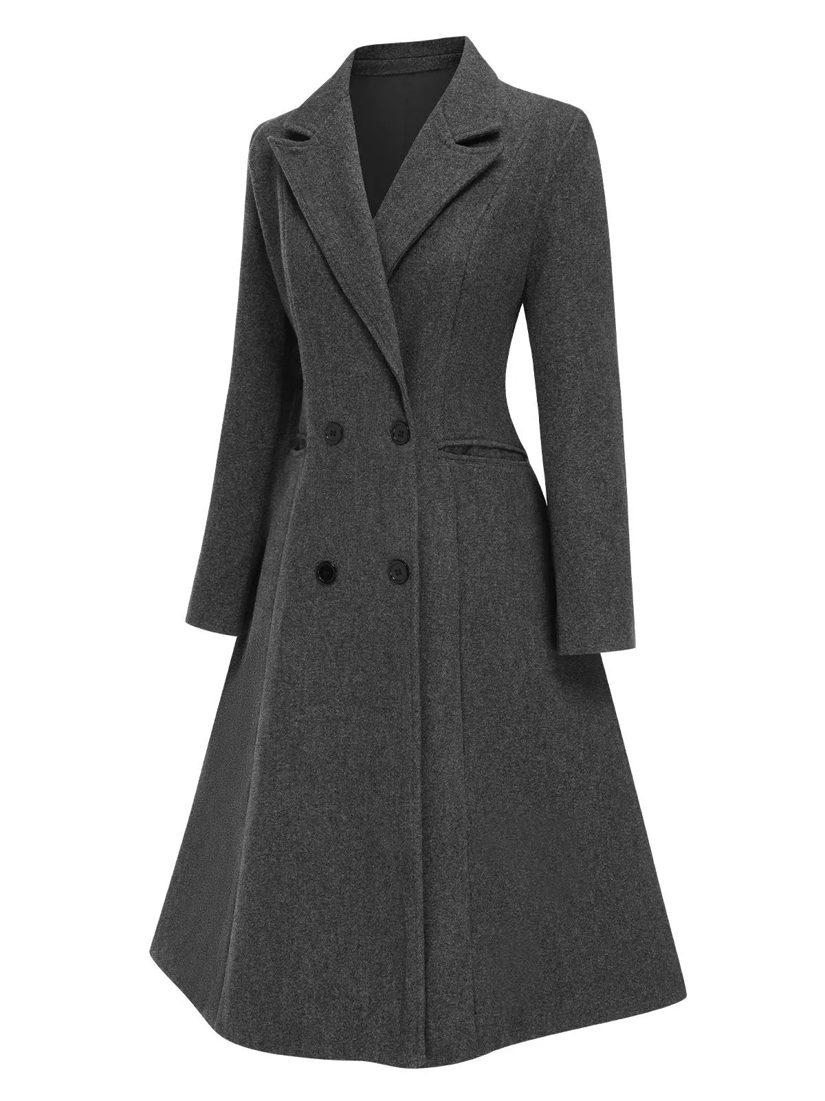 Grey 1940s Notched Lapel Faux Wool Long Coat