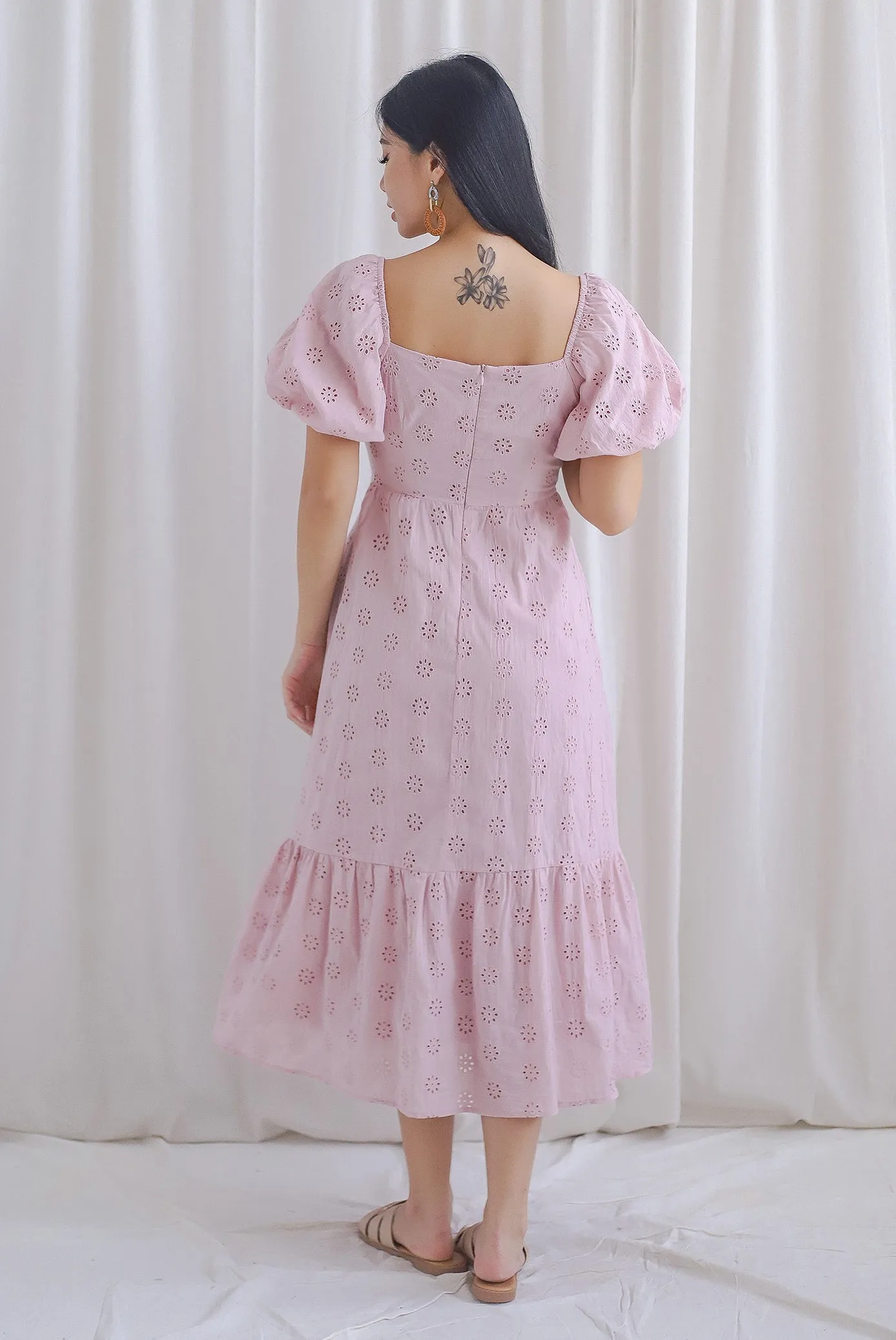 Guinevere Eyelet Tie Front Midi Dress In Blush