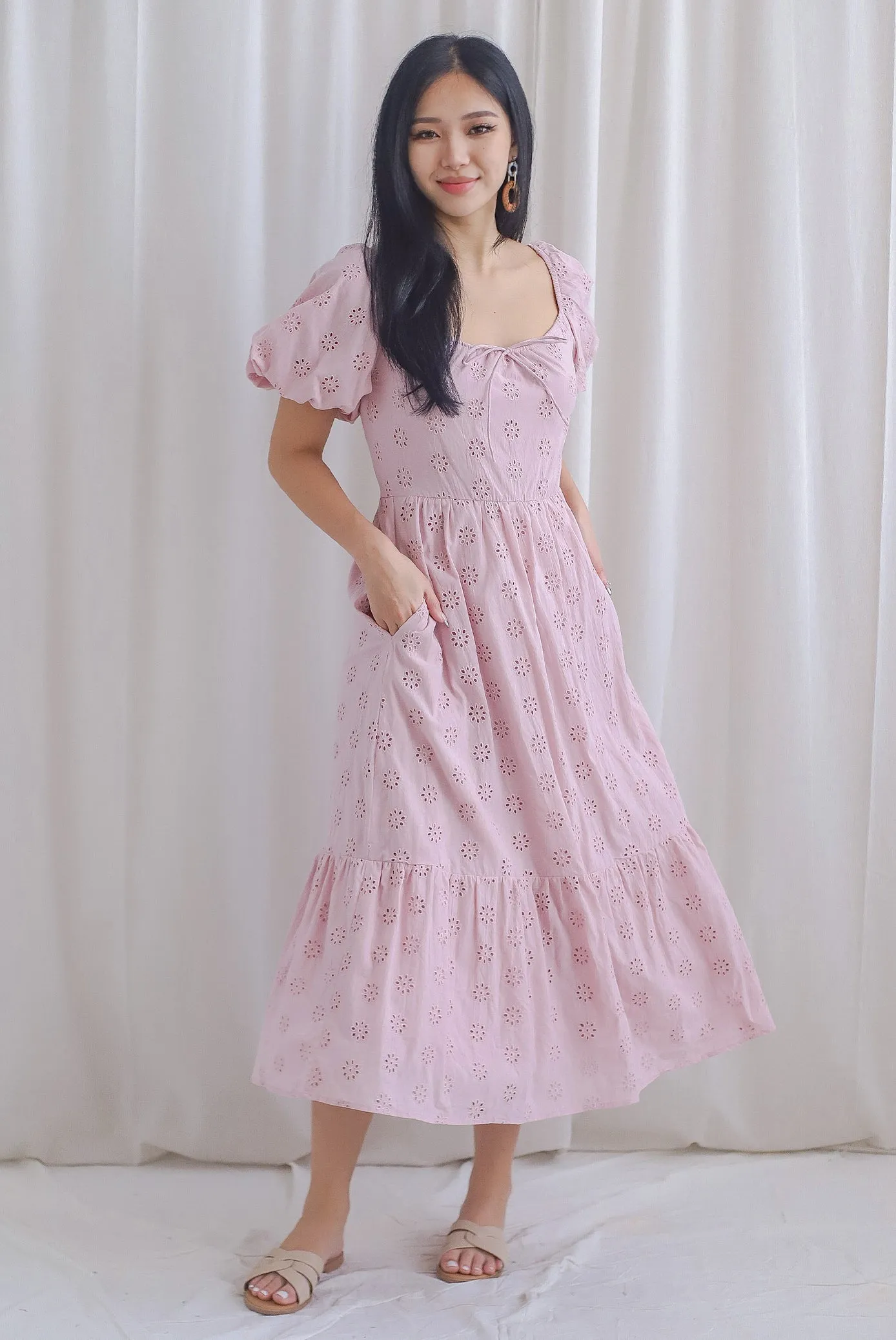 Guinevere Eyelet Tie Front Midi Dress In Blush