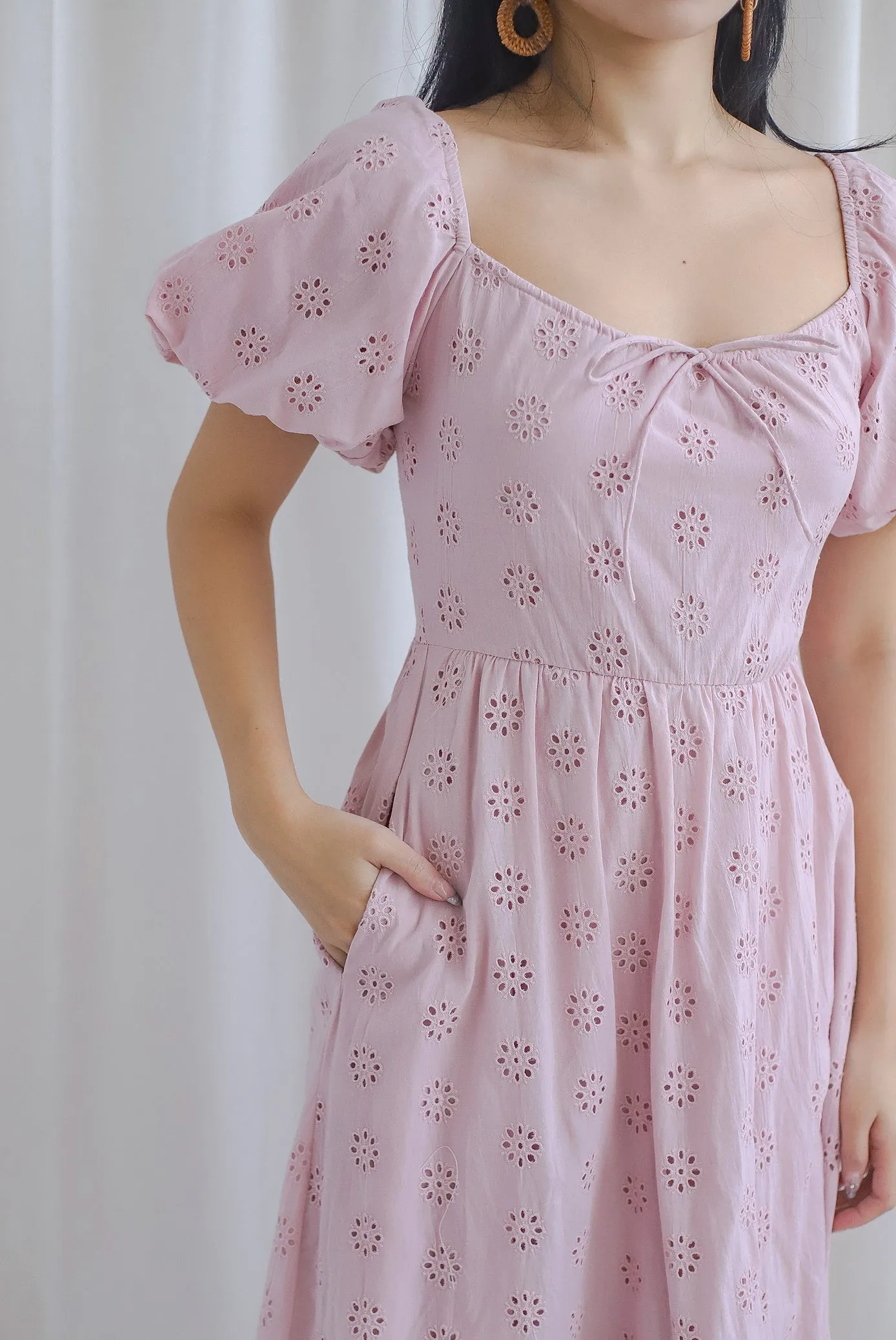 Guinevere Eyelet Tie Front Midi Dress In Blush