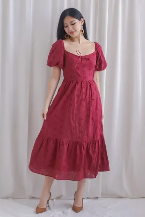 Guinevere Eyelet Tie Front Midi Dress In Wine Red