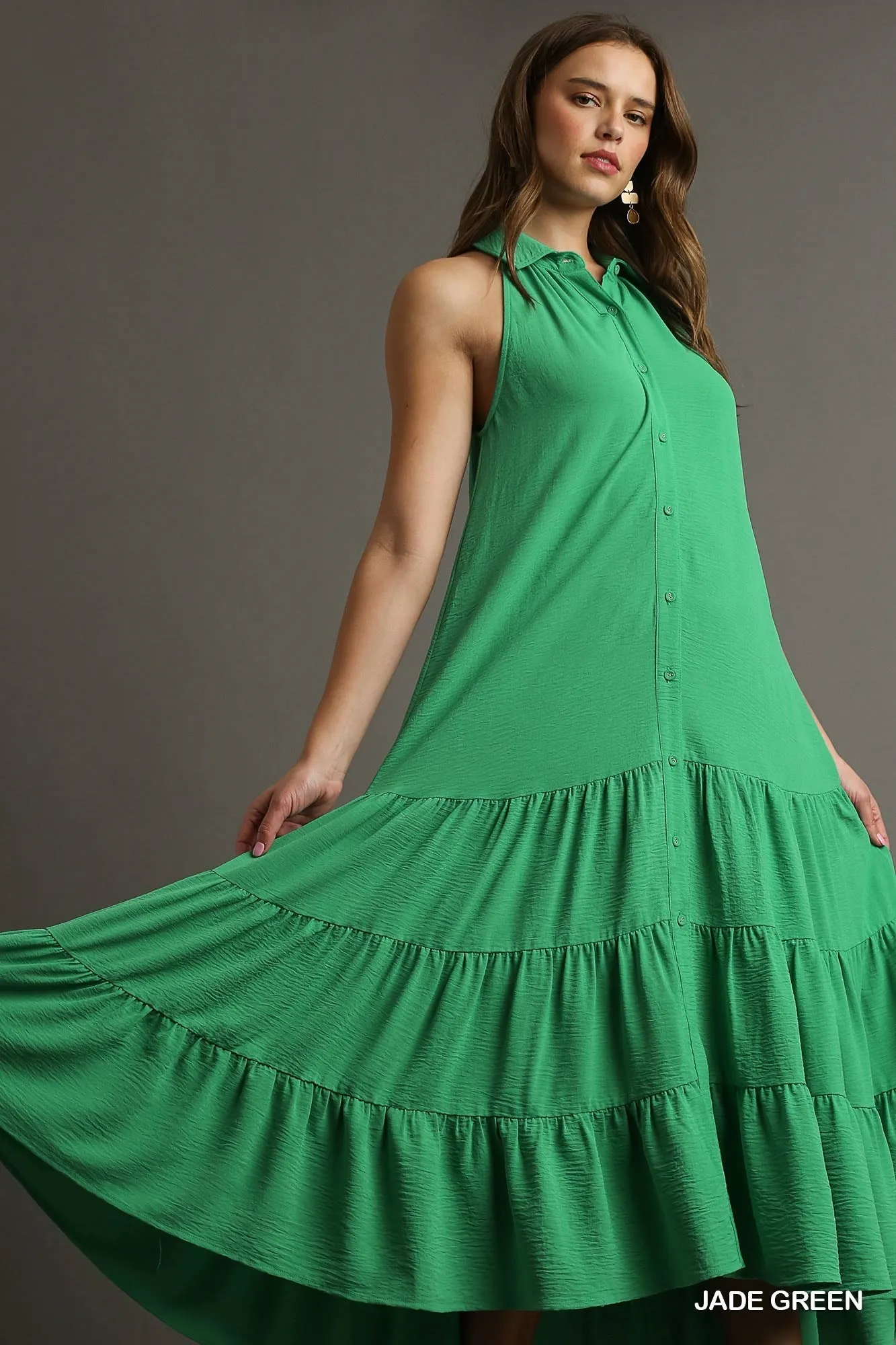 Halter Neck Sleeveless Mid Button Ruffle