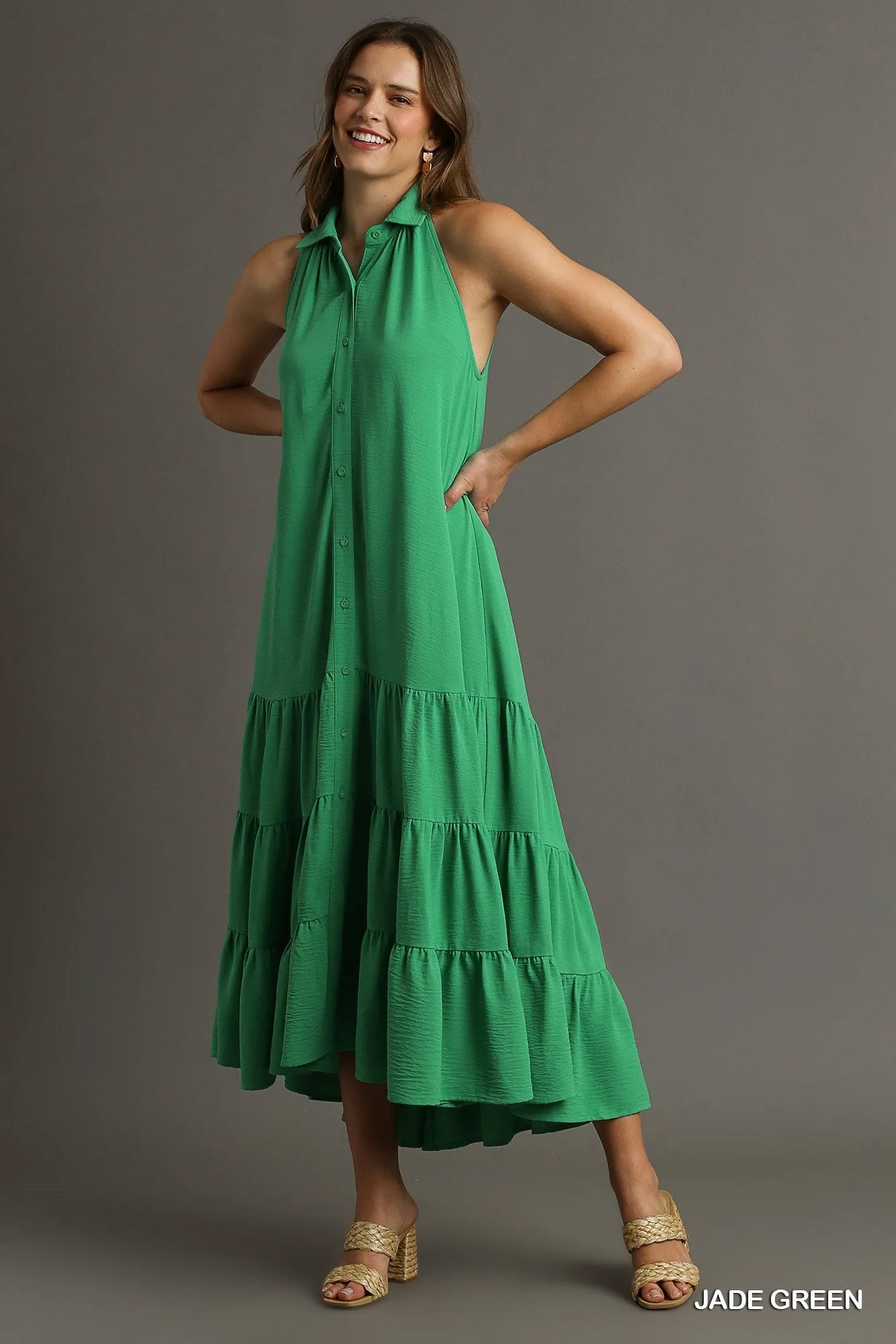 Halter Neck Sleeveless Mid Button Ruffle