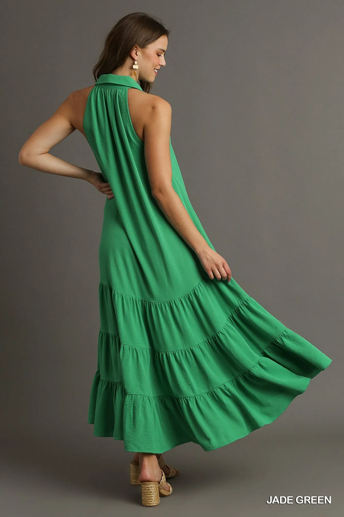 Halter Neck Sleeveless Mid Button Ruffle