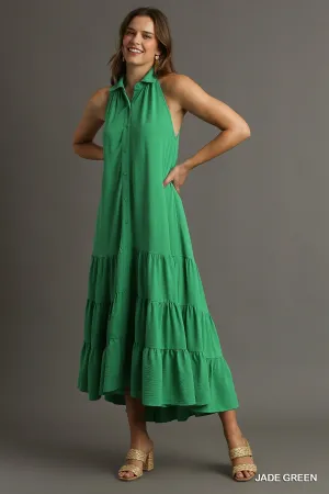 Halter Neck Sleeveless Mid Button Ruffle