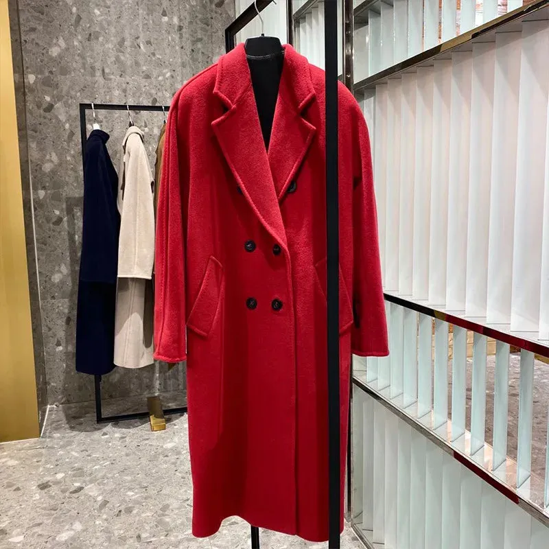 High-End Winter Cashmere Coat for Women – Camel, Black, Gray, Red, Double-Breasted