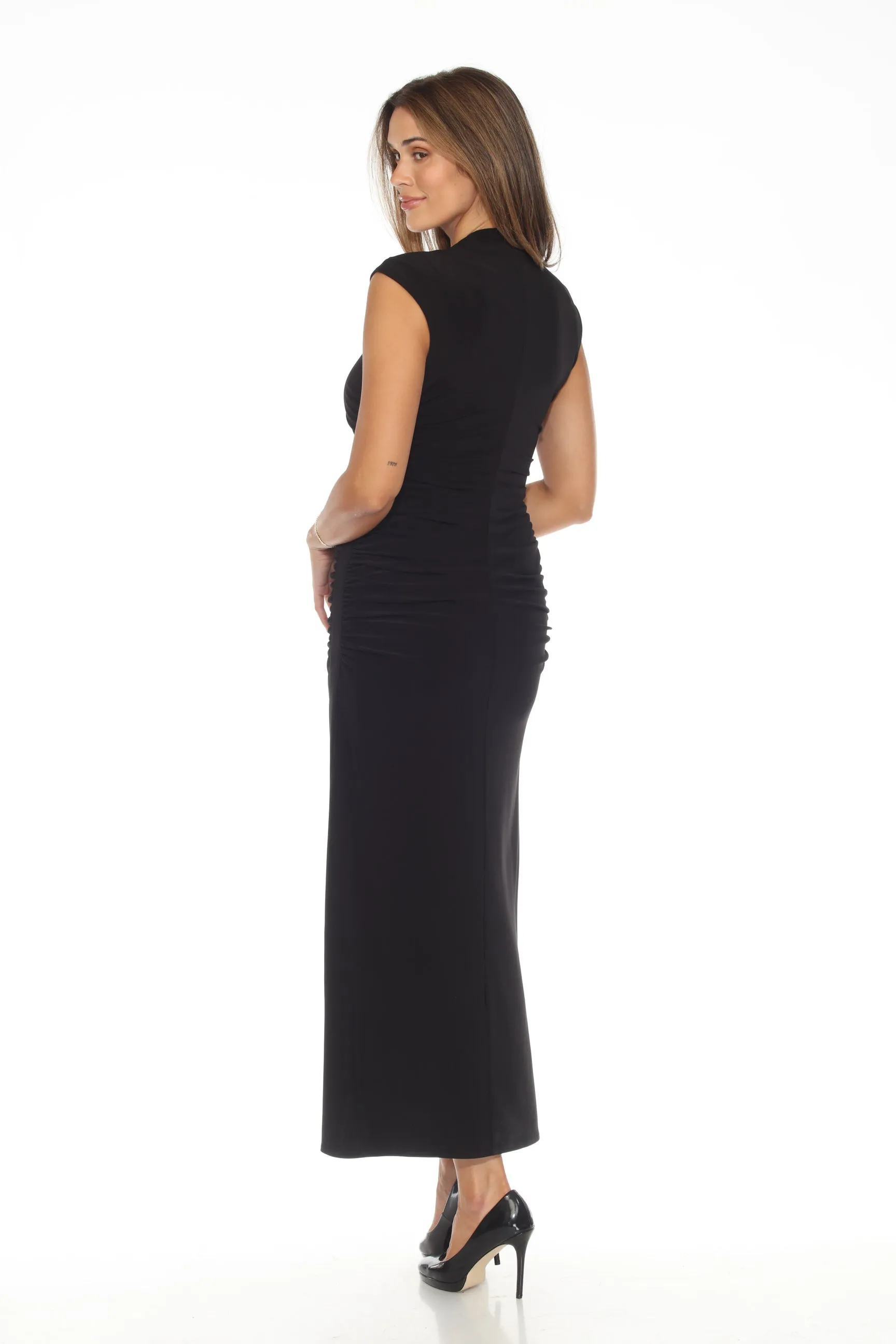 Joseph Ribkoff Black Ruched V-Neck High Slit Long Dress 244132