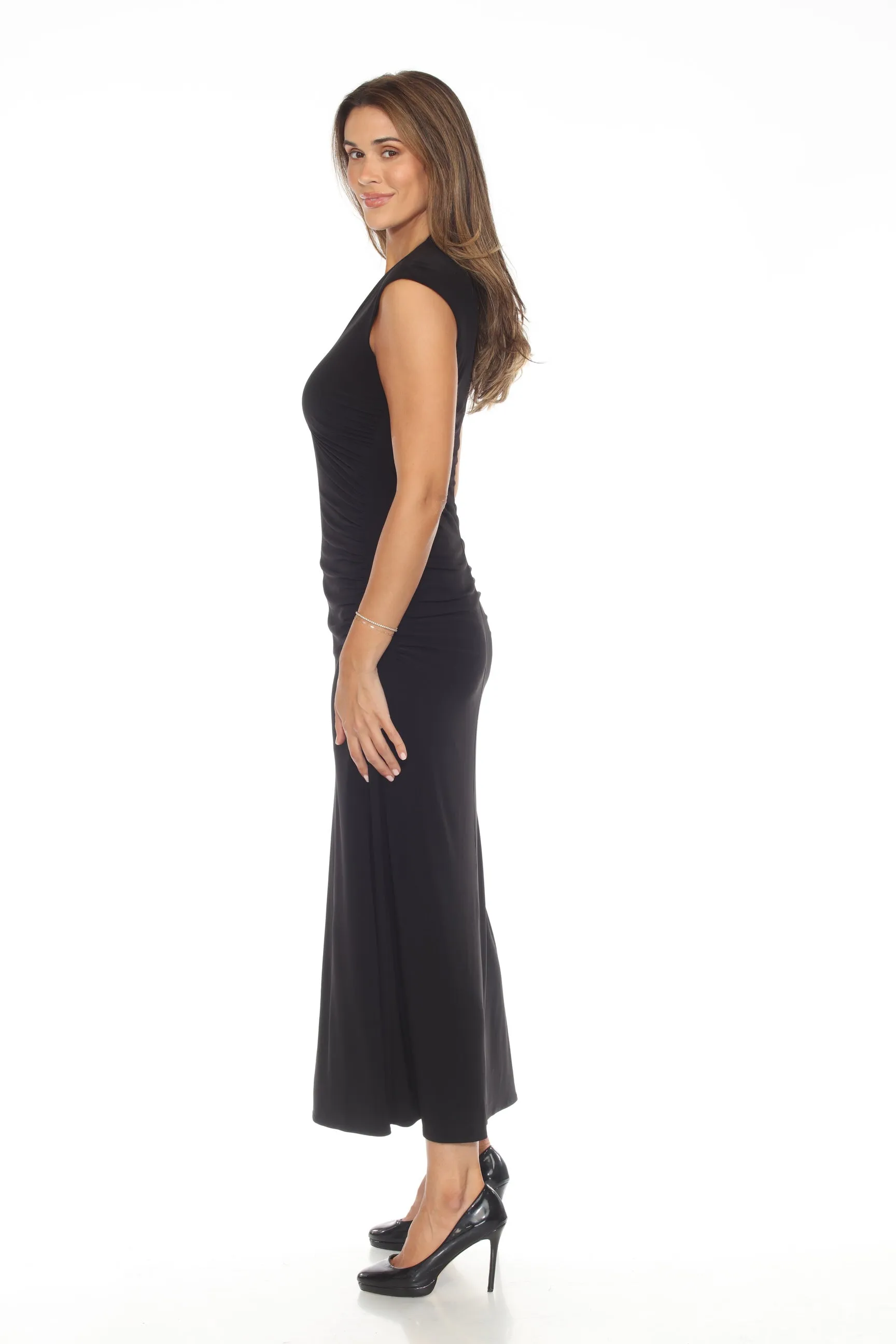 Joseph Ribkoff Black Ruched V-Neck High Slit Long Dress 244132