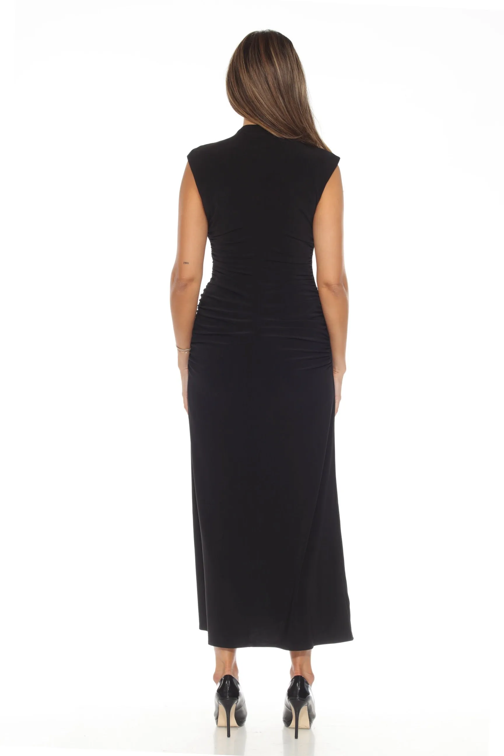 Joseph Ribkoff Black Ruched V-Neck High Slit Long Dress 244132