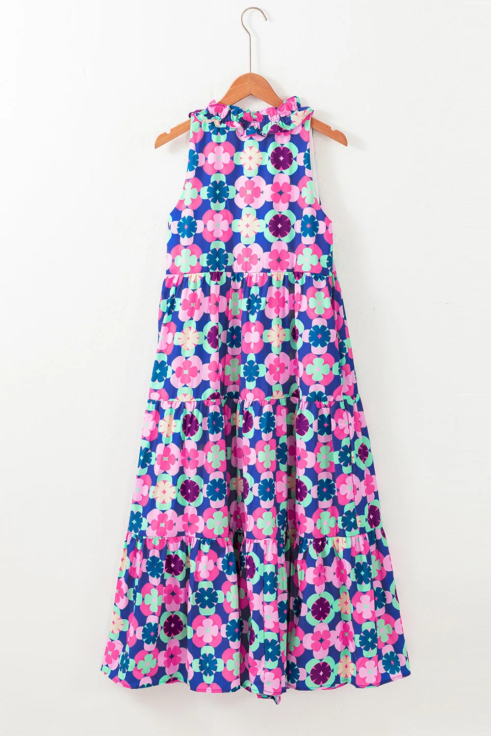 KaleaBoutique Floral Print Frilly Neck Sleeveless Tiered Maxi Dress