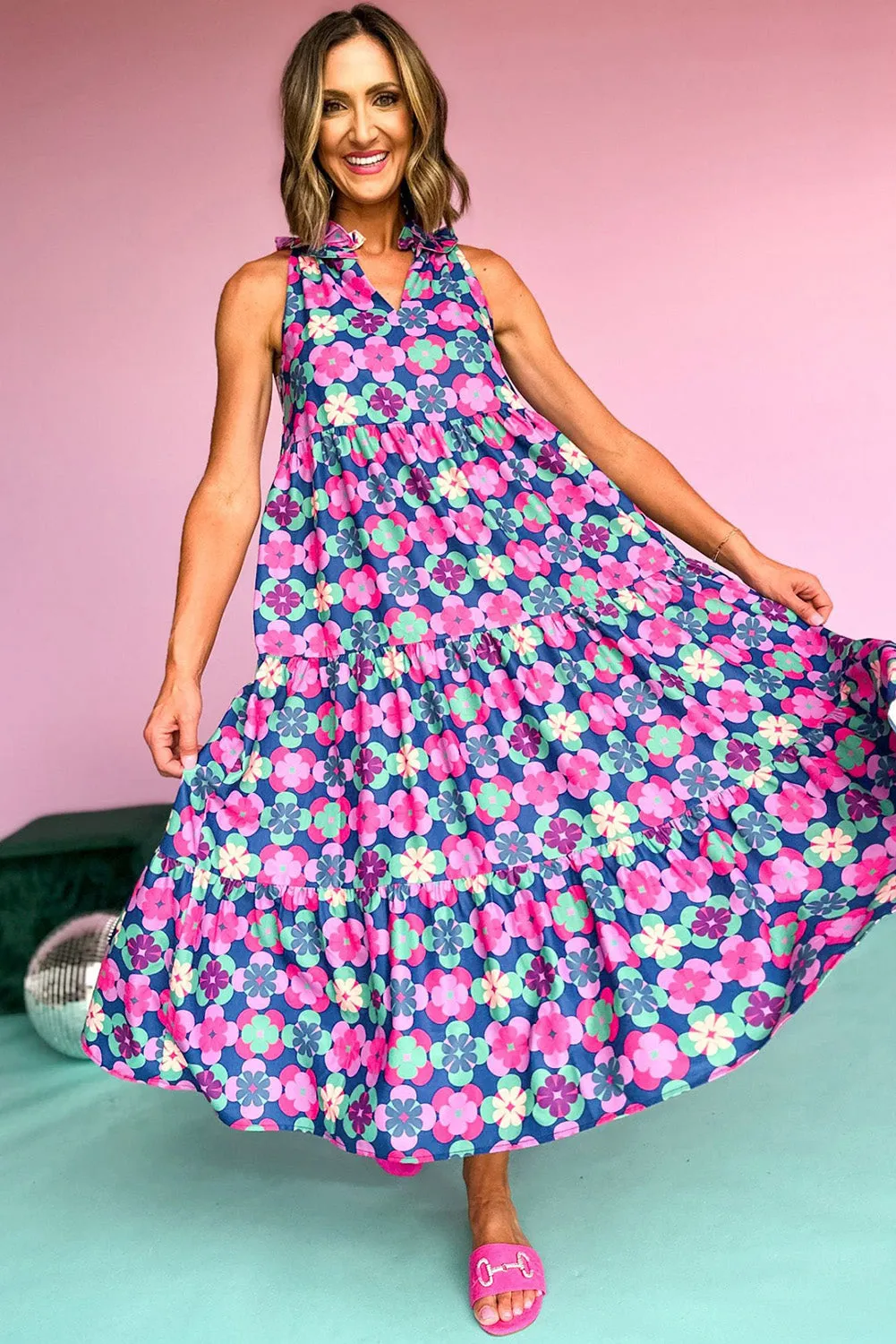 KaleaBoutique Floral Print Frilly Neck Sleeveless Tiered Maxi Dress