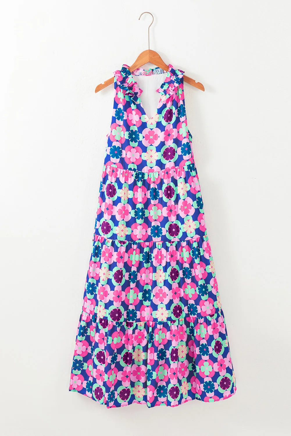 KaleaBoutique Floral Print Frilly Neck Sleeveless Tiered Maxi Dress