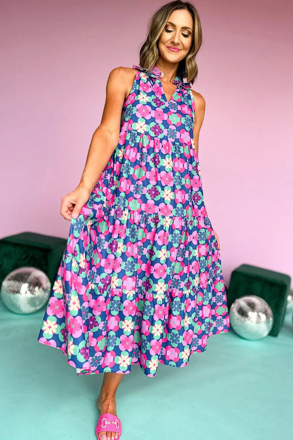 KaleaBoutique Floral Print Frilly Neck Sleeveless Tiered Maxi Dress