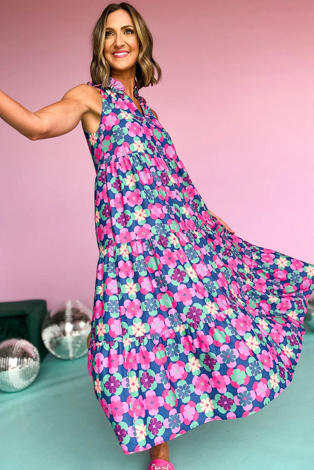 KaleaBoutique Floral Print Frilly Neck Sleeveless Tiered Maxi Dress