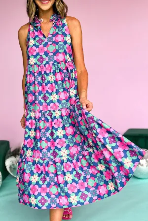 KaleaBoutique Floral Print Frilly Neck Sleeveless Tiered Maxi Dress