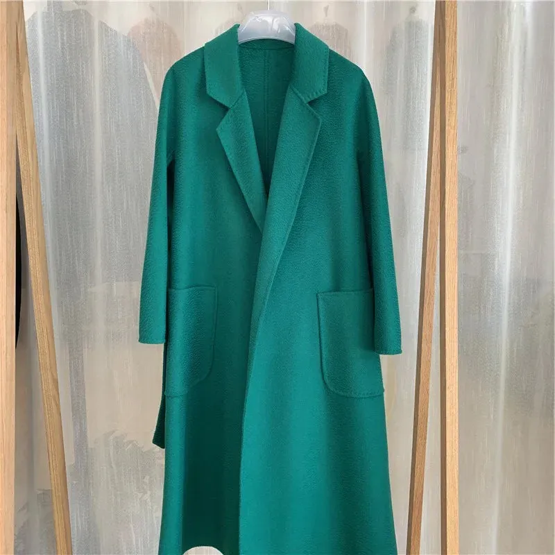 Korean Handmade Hepburn Water Ripple Double-Sided Cashmere Wool Long Coat