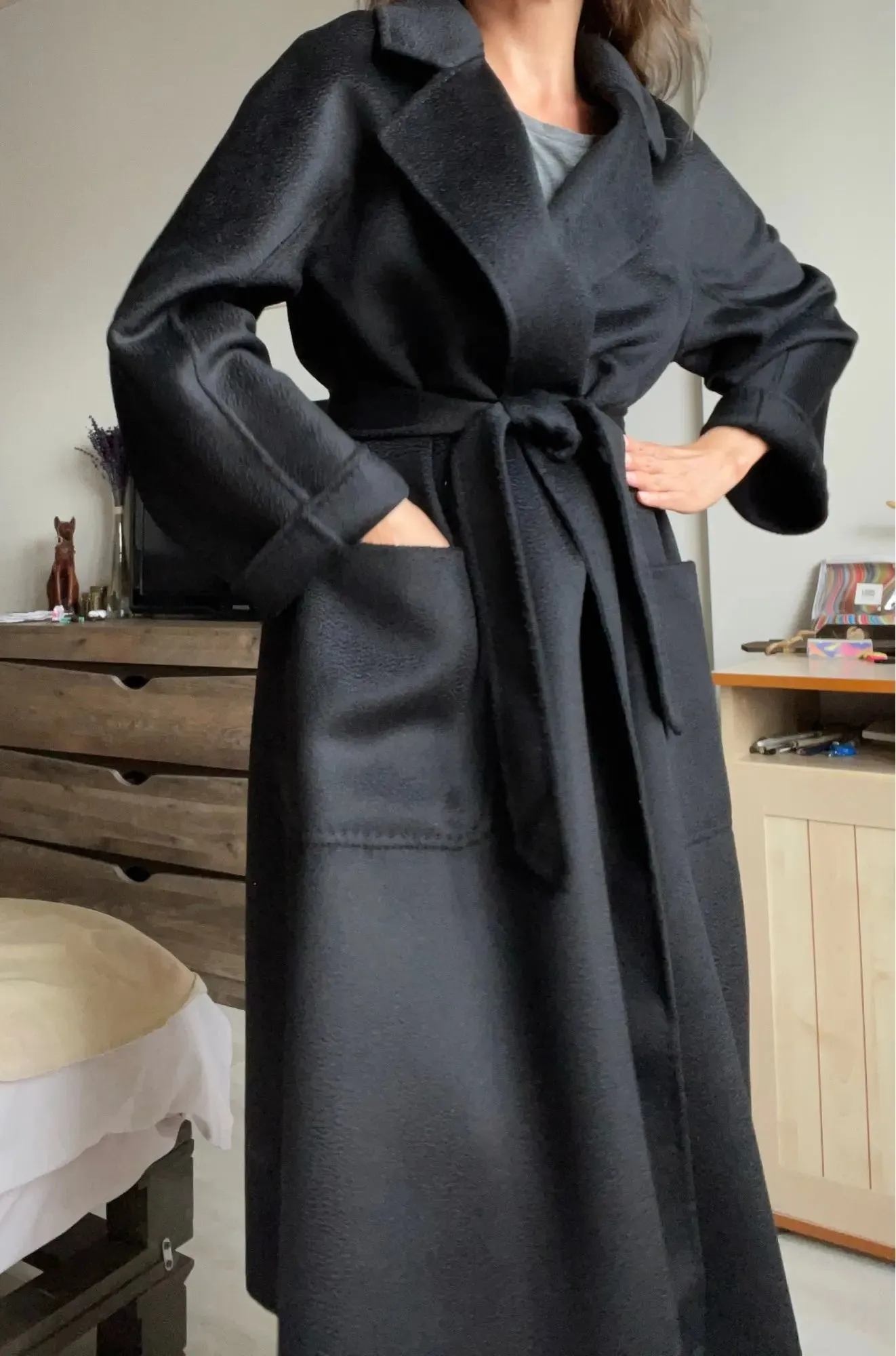 Korean Handmade Hepburn Water Ripple Double-Sided Cashmere Wool Long Coat