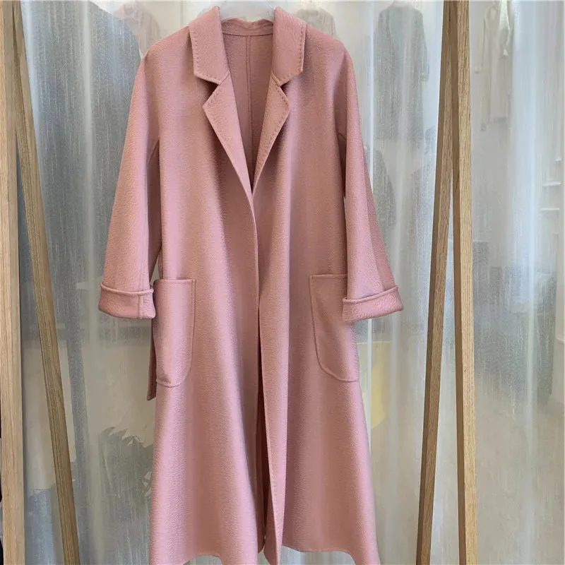 Korean Handmade Hepburn Water Ripple Double-Sided Cashmere Wool Long Coat