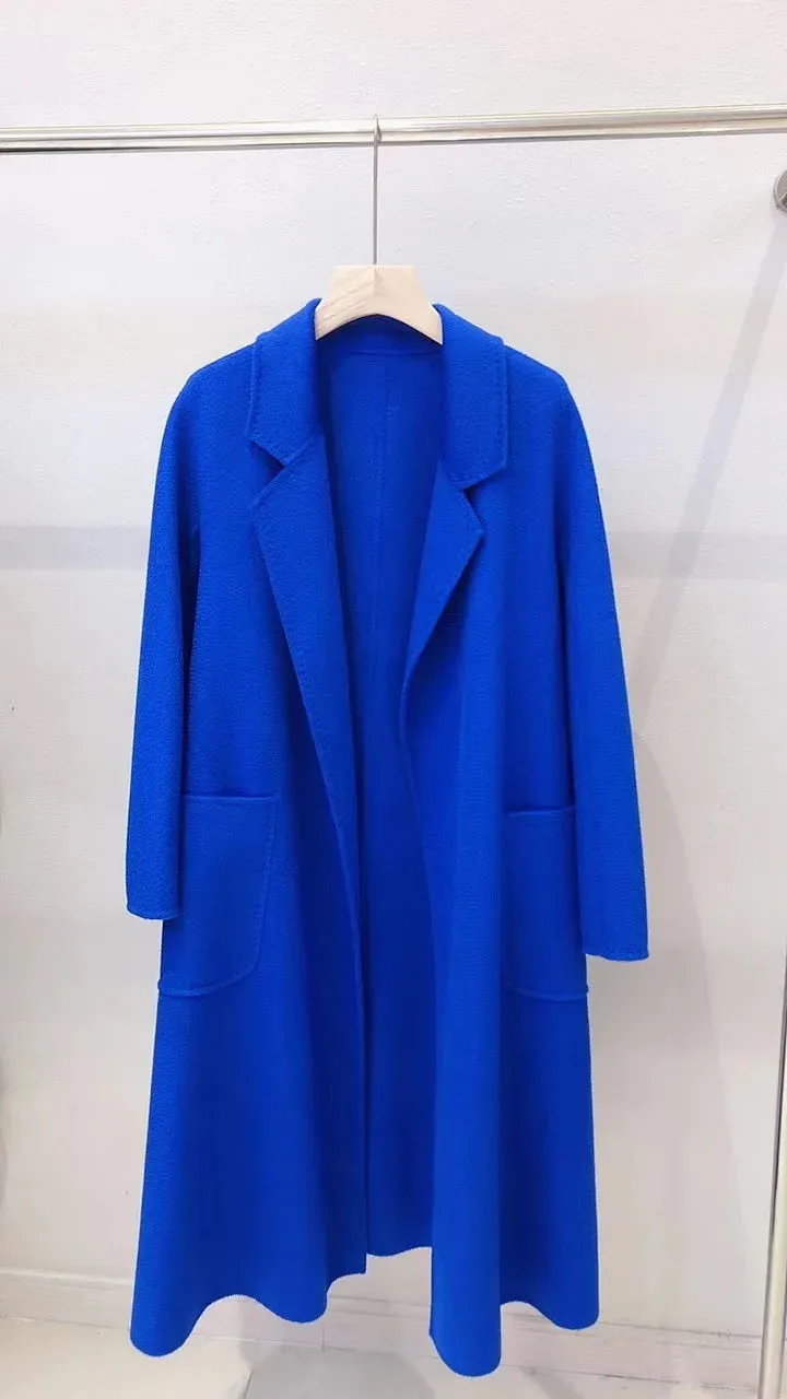 Korean Handmade Hepburn Water Ripple Double-Sided Cashmere Wool Long Coat