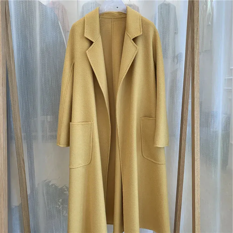 Korean Handmade Hepburn Water Ripple Double-Sided Cashmere Wool Long Coat