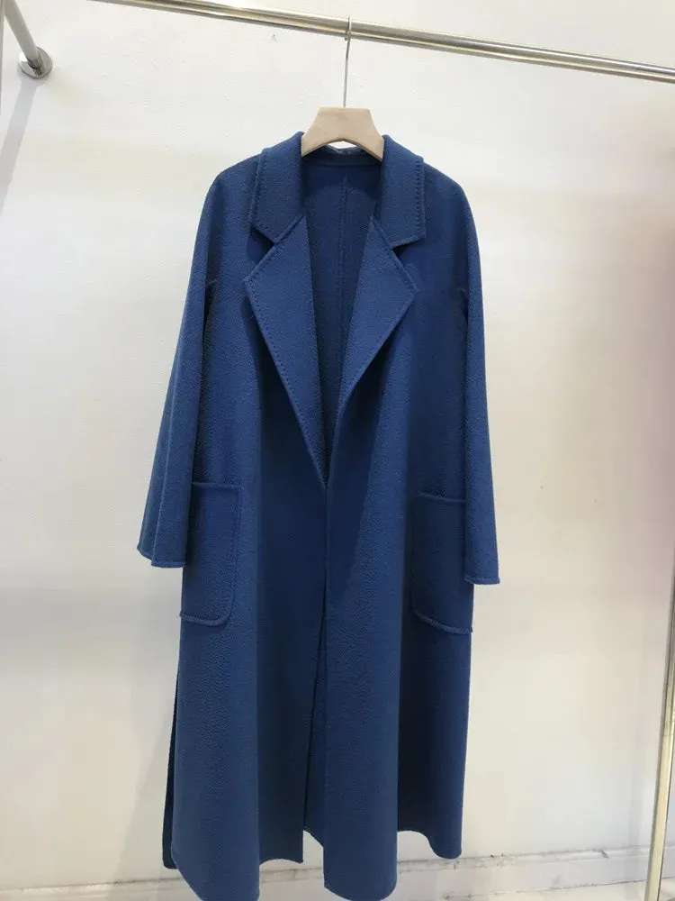 Korean Handmade Hepburn Water Ripple Double-Sided Cashmere Wool Long Coat