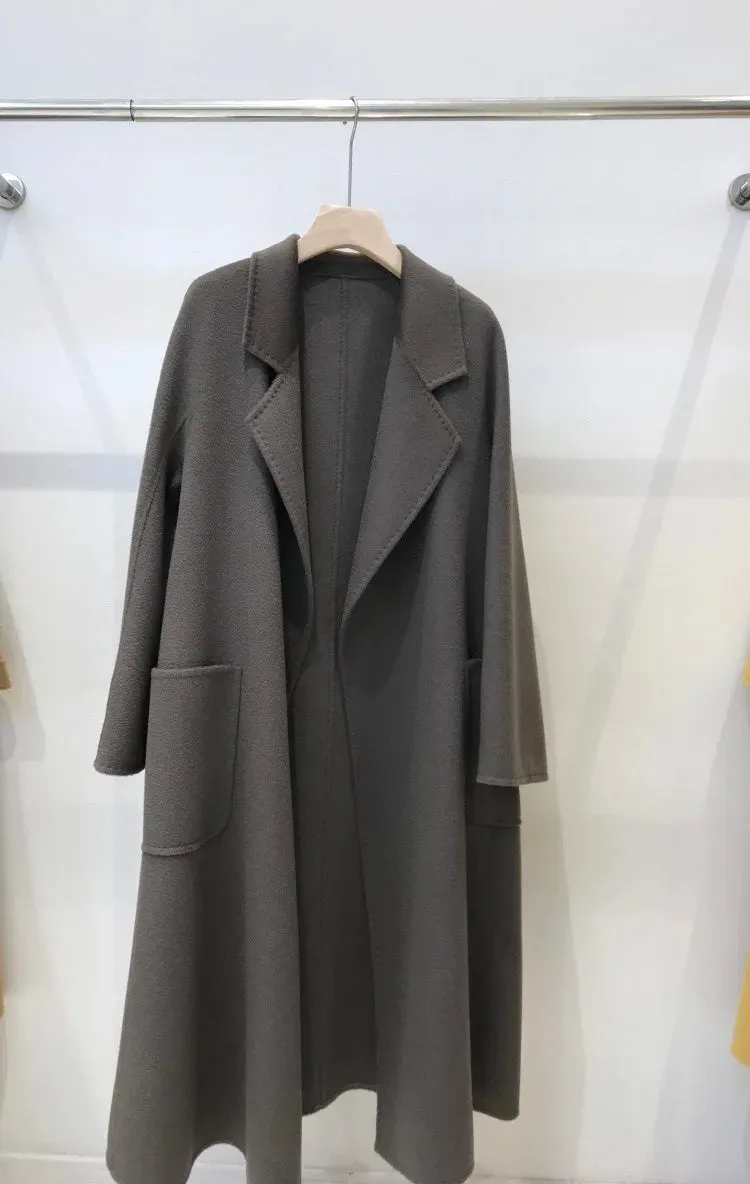 Korean Handmade Hepburn Water Ripple Double-Sided Cashmere Wool Long Coat