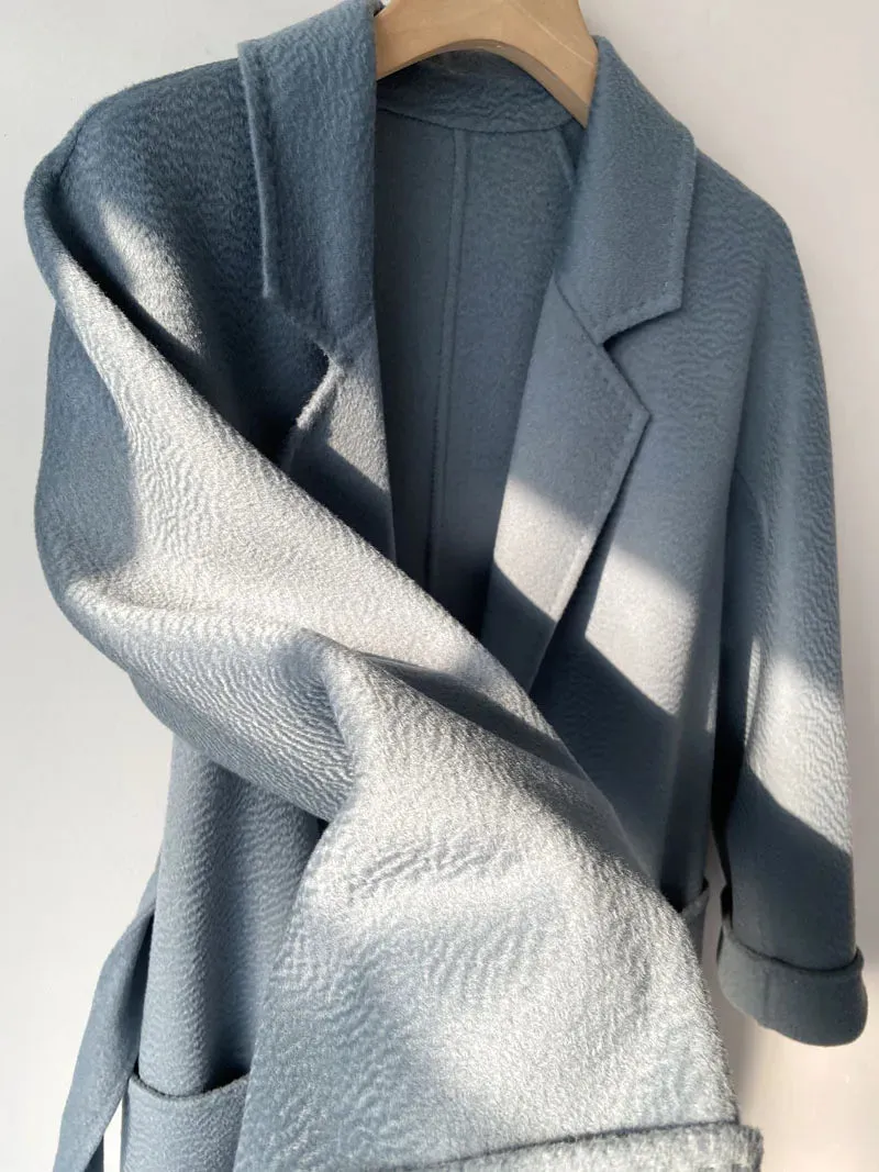 Korean Handmade Hepburn Water Ripple Double-Sided Cashmere Wool Long Coat